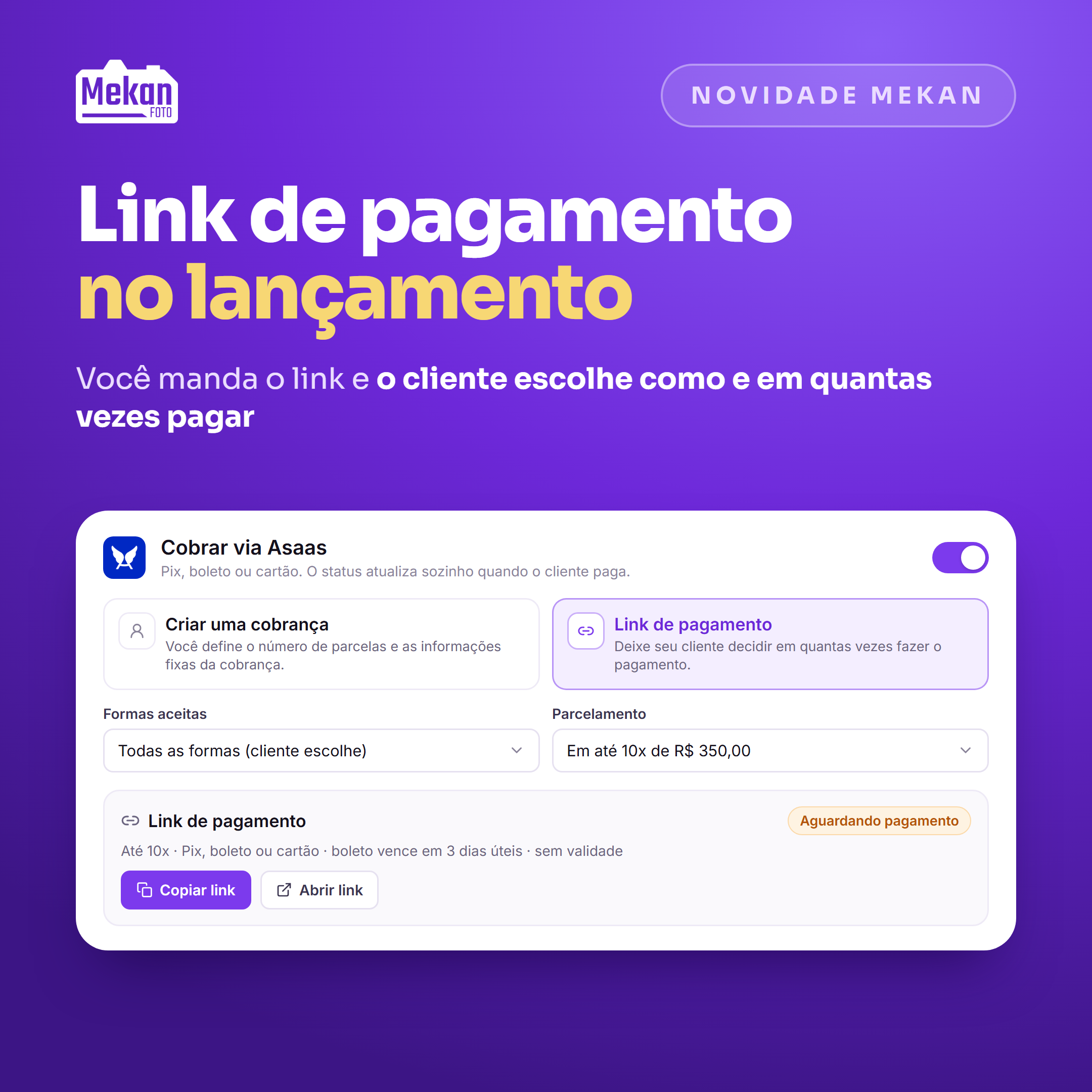 Imagem da novidade: Link de pagamento do Asaas direto no lançamento